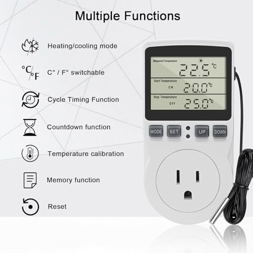 KETOTEK Digital Thermostat Outlet Plug Temperature Controller Outlet Socket 120V Heating Cooling Control 110V 15A Celsius Fahrenheit Display White - style: Non-backlit Style