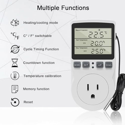 KETOTEK Digital Thermostat Outlet Plug Temperature Controller Outlet Socket 120V Heating Cooling Control 110V 15A Celsius Fahrenheit Display White - style: Non-backlit Style