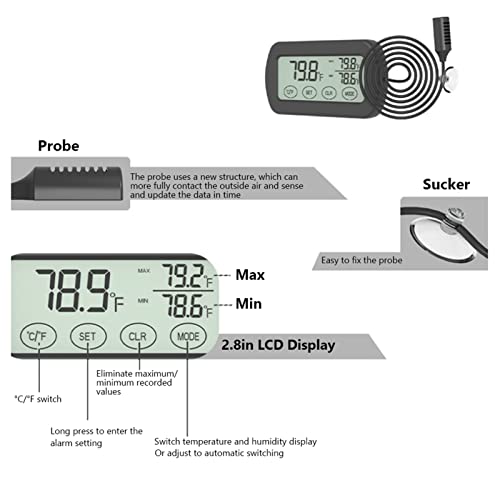 Digital Thermometer Hygrometer with Probe for Egg Incubator Reptile Tank, Indoor Outdoor Temperature and Humidity Gauge with Suction Cup, Min Record, Fahrenheit Celsius Switchable