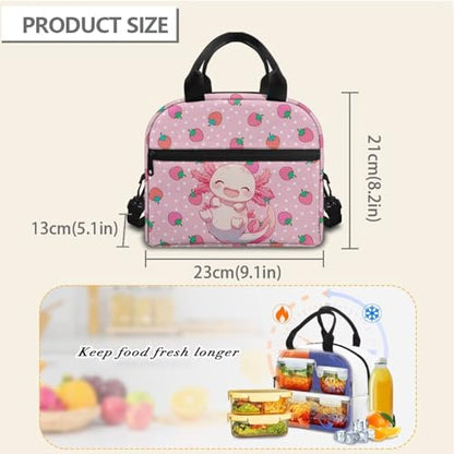 Axolotl Kids Lunch Box Girls Strawberry Lunch Bag Reptiles Insulated Lunch Bag Outdoor Pink Picnic Lunch Boxes Camping Cute Lunchbox for School Lunchbag - color: Axolotl Strawberry
