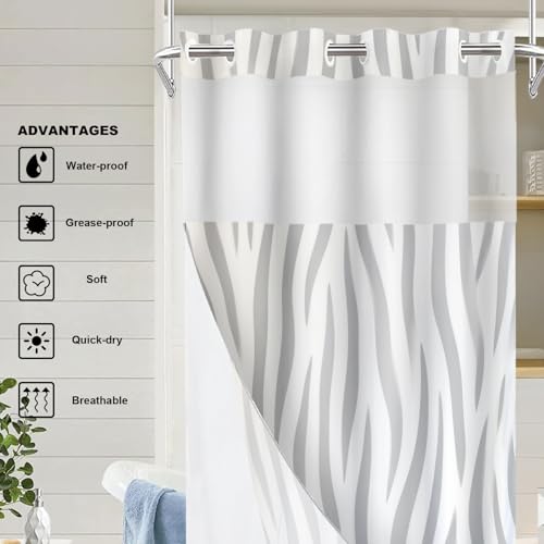 Graytiger Skin Print No Hooks Shower Curtain with Snap in Liner Set, Abstract Zebra Pattern Tub Curtainn Mesh Top Window & Magnetic Hem Waterproof 35.5X74 Inch - color: Graytiger Skin 1 Gray03, size: 35.4"W x 74"L (Pack of 1)