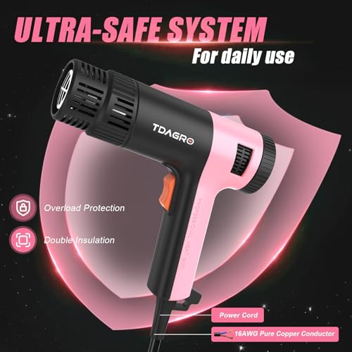 Heat Gun for crafting 1800W, 122℉~1202℉ Variable Temperature Control with 2-Temp Settings 4 Nozzles, 1.5s Fast Heating Mini Heat Gun for Resin, Shrink PVC Tubing/Crafts and Vinyl Wrap（Pink）