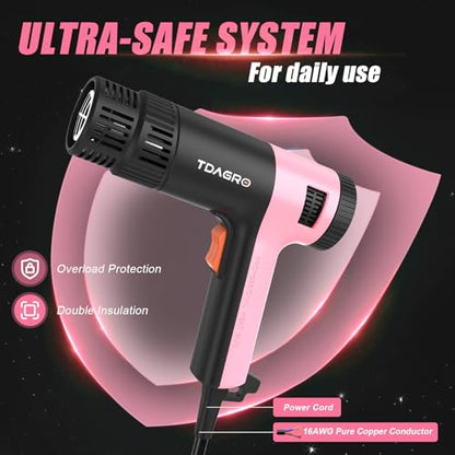 Heat Gun for crafting 1800W, 122℉~1202℉ Variable Temperature Control with 2-Temp Settings 4 Nozzles, 1.5s Fast Heating Mini Heat Gun for Resin, Shrink PVC Tubing/Crafts and Vinyl Wrap（Pink）