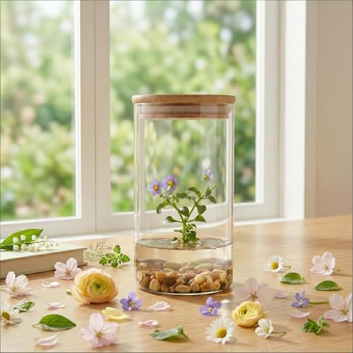 Persian Violet (Exacum Affine) - Live Flower Terrarium in Self Sustaining Glass Jar, Maintenance Free, Great Unique Gift and Home Decor, 100% Growth Guarantee