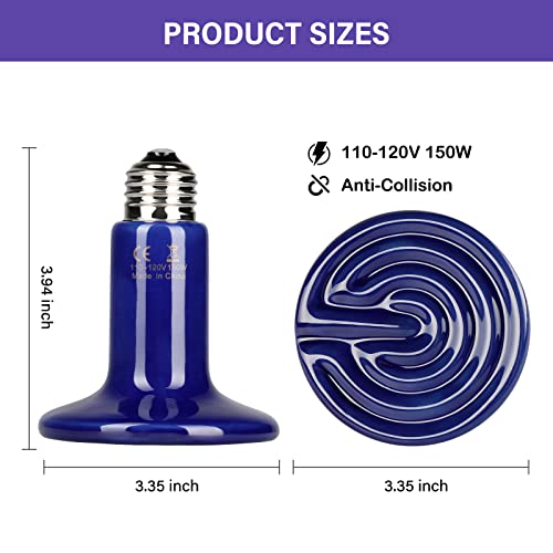 Simple Deluxe 150W 2-Pack Ceramic Heat Emitter Reptile Heat Bulb No Light, LCD Digital Aquarium Thermometer, for Reptile Amphibian, 2 Pack, Royal Blue