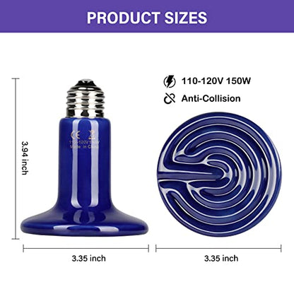 Simple Deluxe 150W 2-Pack Ceramic Heat Emitter Reptile Heat Bulb No Light, LCD Digital Aquarium Thermometer, for Reptile Amphibian, 2 Pack, Royal Blue