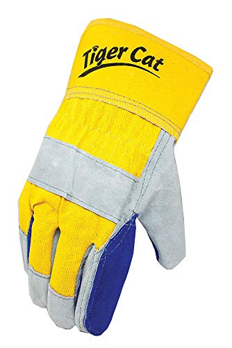 Galeton 2412-L, Tiger Cat Premium Leather Double Palm Gloves Safety Cuff, Large, Yellow and Blue (Pack of 12)