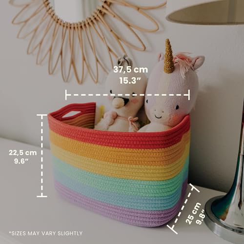 OrganiHaus Rainbow Baskets for Shelves, Set of 3, 15x9x10 | Colorful, handwoven cotton rope; a toy bin for playroom, classroom, or girls' room decor; great for nursery too - color: Rainbow