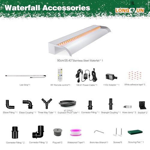 Waterfall Pool Fountain, LONGRUN Stainless Steel Waterfall Spillway for Pools and Ponds - 35.4" Wide Decorative Water Feature for Swimming Pools, Koi Ponds, and Garden - size: 35.4 inch Stainless Steel(Curved)