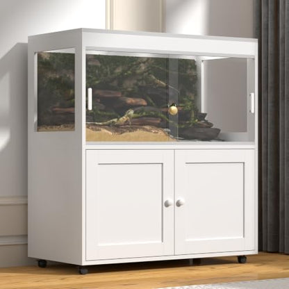 Large Reptile Tank 60 Gallon with Cabinet – Bearded Dragon Tank with Sliding Door Handle, Wheels & Metal Mesh Roof for Lizards and Geckos