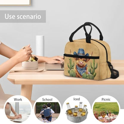 Southwestern Design Kids Lunch Bag Aztec Western Highland Cow Print: Insulated Main Compartment Keeps Fresh Ideal for Desert Trip, Cowboy Event & Nature Exploration - color: Aztec Western Highland Cow Print