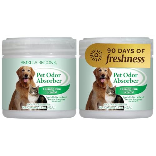 SMELLS BEGONE 15oz Gel Pet Odor Eliminator - Absorb & Remove Strong Odors from Pets, Cat Litter, Dog Poop, Urine Smells - Eliminate Whole Home Odors with Essential Oils (Calming Rain, 2-Pack) - size: 15 Ounce (Pack of 2)