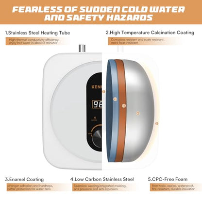 Under Sink Instant Hot Water Heater,2.5 Gallon Mini Tank Water Heaters with LED Display,1500W 120V Small Water Heater 1/2" NPT for RV,Kitchen,Compact Design with T&P Valve,3-Way Fitting Valve - color: White