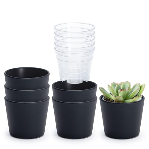 Phoenix Vine 3.5 Inch Black Plastic Cachepot with Clear Nursery Pot, Decorative Lightweight Planter Cover with Transparent Inner Pot for Indoor Houseplants, Pack of 6, 24-A-E-6 - color: Matte Black, size: 3.5" (6 Pack)