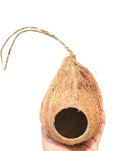 Natural Coconut Reptile Hide with Fiber Loop, Hideout for Gecko, Snake & Fish, Egg Laying Shelter, Hanging Bird House, Perfect for Small Finch, Humming Birds Opening 2” Diameter, 1 Pack (1-Hole)