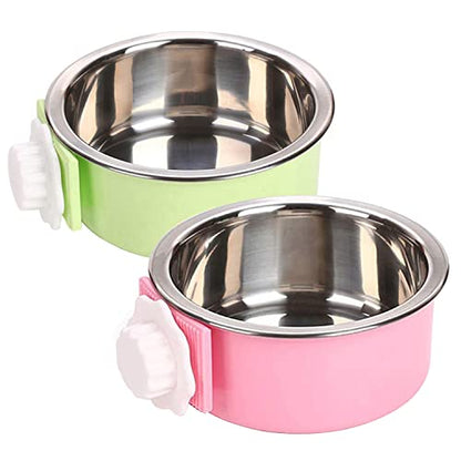 Dog Crate Bowl, Hanging Stainless Steel Removable Pet Crate Water & Food Bowls, Pet Cage Feeder Container Coop Cup for Cat Puppy Birds Rats Guinea Pigs Rabbit Hamster (2PCS) - color: (Round) Green/Pink