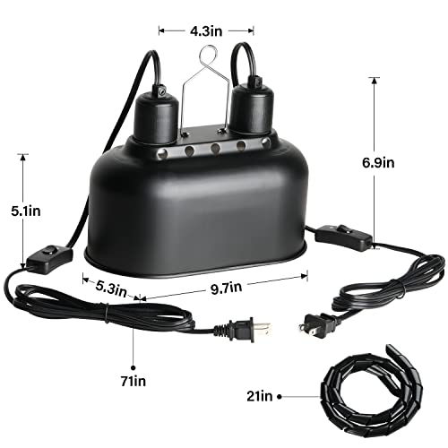 Simple Deluxe Reptile Lamp Fixture Aluminum Dome Light Dual Deep Cap Integration Design Heat-Lighting Lamp Double Sockets Bulbs Holder with Independent Switches, for Terrarium, Turtle Tank, Black - size: 1 Pack
