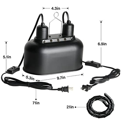 Simple Deluxe Reptile Lamp Fixture Aluminum Dome Light Dual Deep Cap Integration Design Heat-Lighting Lamp Double Sockets Bulbs Holder with Independent Switches, for Terrarium, Turtle Tank, Black - size: 1 Pack