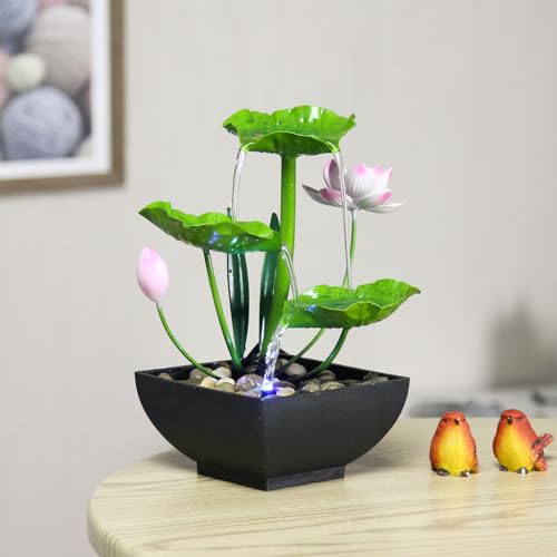 Water Fountain Indoor Waterfall Fountain 3-Tier Tabletop Fountain Lotus Desk Relaxation Home Decor Including Lots of Rocks and Soothing Sound Machine (Green 2) - style: Double flow