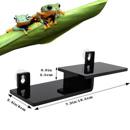 Frog Basking Platform with Suction Cup, Black Acrylic Double Ledge Platform for Reptile, Tank and Aquarium Accessories for Small Animals Tree Frogs Crested Gecko Lizards Axolotl - 7.3 x 2.4 x 1 Inch