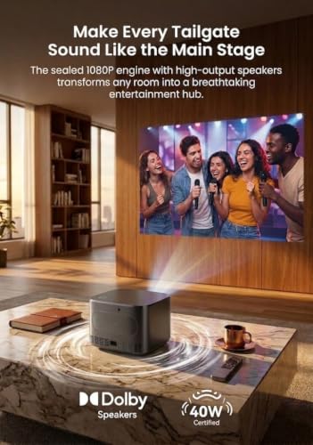 Outdoor Projector with WiFi and Bluetooth,Official Licensed Apps | Smart TV OS with Licensed Netflix, Auto Focus, Native 1080P & 4K Support, 330" Display, 40W Dolby Audio for Home Theater
