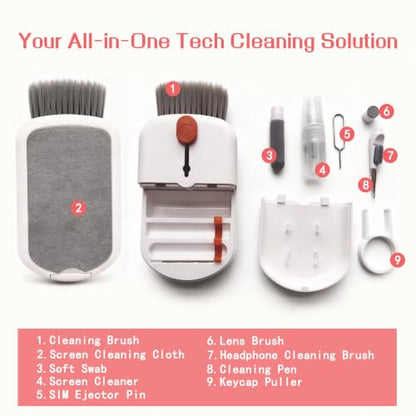 9-in-1 Keyboard Cleaning Kit for Laptop, Phone, Screen | Includes soft brush, and port tool. Cleans screens, earbuds, and charging cases. Safe for MacBook & AirPods.