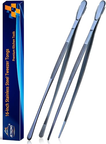 JETKONG 2 Pcs 16-Inch Heavy Duty Cooking Tweezers Extra Long Stainless Steel Kitchen Tweezers Large Plating Tongs (Navy Blue) - color: Navy Blue, size: 16+16 Inch