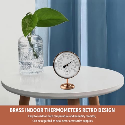 4" Indoor Thermometer & Humidity Gauge, Brass Dial with Stand | Room Analog Temperature & Humidity Monitor, Dual Scale Display, Battery-Free For House Home Desk Bedroom Garage RV