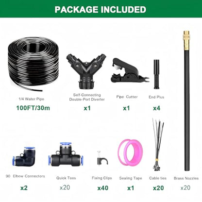 Drip Irrigation System with Brass Nozzles – 2026 Upgrade 100FT Garden Watering Kit with 20Pcs 360° Adjustable Misting Sprinklers Quick Connect Fittings for Raised Beds, Lawn, Patio - size: 100ft + 20 pcs nozzles and connectors