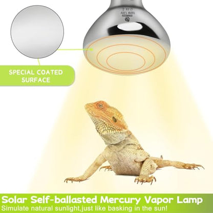 160W UVA UVB Vapor Reptile Heat Lamp, High Intensity Self-Ballasted UVB Basking Lamp Bulb,Full Spectrum Sun Light for Reptiles and Amphibians - size: UV 160W