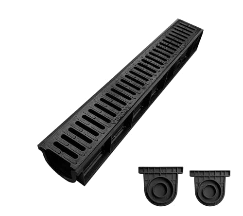 39.4Lx6.1Wx5.5H in. B125 Trench Drain with Ductile Iron Grate | Driveway Heavy Duty Channel Drainage System Fluorocarbon Paint Anti Corrosion Garage Parking Lot Concrete Patio - color: Black- 1 Pack