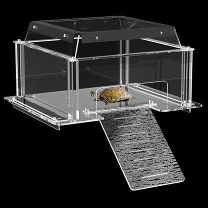 Turtle Basking Platform & Dock Fits 16.7-19.1 Inch Wide Aquariums, Clear Acrylic Turtle Topper Basking Platform with Metal Mesh Top, Anti-Slip Reptile Ramp Sunbathing Dock