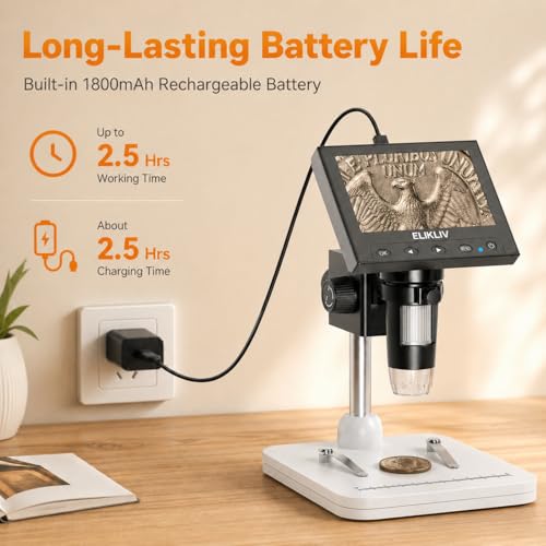 Elikliv Microscope, LCD Digital Coin Microscope 1000x, Coin Magnifier with 8 Adjustable LED Lights, PC View Compatible with Windows/MacBook, EDM4, 4.3-Inch - color: White