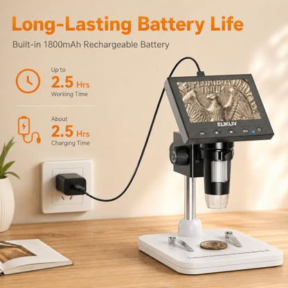 Elikliv Microscope, LCD Digital Coin Microscope 1000x, Coin Magnifier with 8 Adjustable LED Lights, PC View Compatible with Windows/MacBook, EDM4, 4.3-Inch - color: White