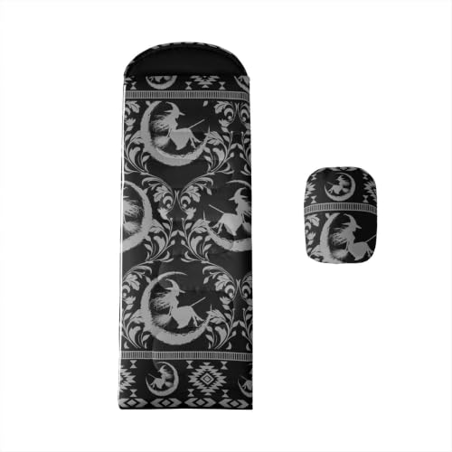 Erosebridal Longhorn Cow Skull Sleeping Bag for Kids Goth Witchy Damask Camping Blanket for Hiking Travel Hunting Sleep Bag - color: Black Moon Witch