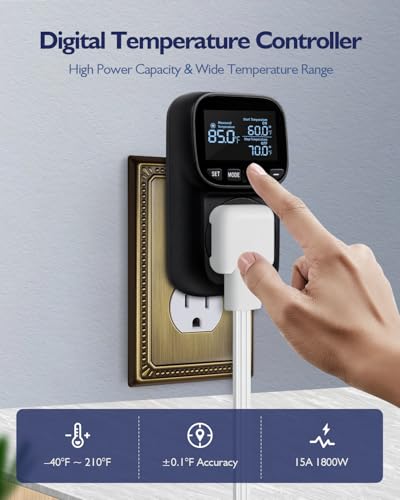 Temperature Controlled Outlet, Heating Cooling Thermostat Outlet | -40℉~210℉, Heavy Duty 15A 1800W Plug in Thermostat with LCD Display, Temperature Controller for Greenhouse Incubator Homebrew - style: Black
