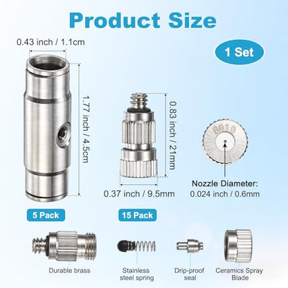 M METERXITY 20-Pack Brass Misting Nozzle Tee Kit, 0.6mm Orifice Dia. High Pressure Spray Misting Nozzle Head, Slip Connectors for 3/8 Inch Drip Irrigation Tubing Kit Outdoor [3/16" Threaded] - size: 0.6mm