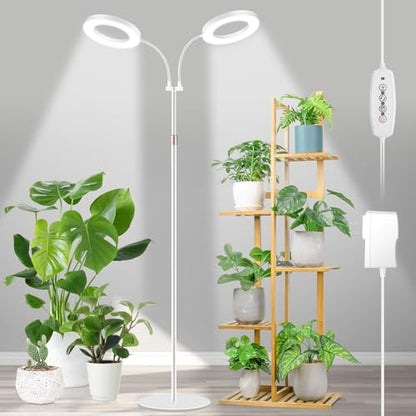 LBW Dual Head Grow Light with Stand for Indoor Plants, Full Spectrum Grow Light for Multiple Tall Plants, Adjustable Height up to 68", Auto Cycle Timer 6/8/12/16H, 5-Level Dimmable, 3 Lighting Modes - size: 2 Head 6.3" White