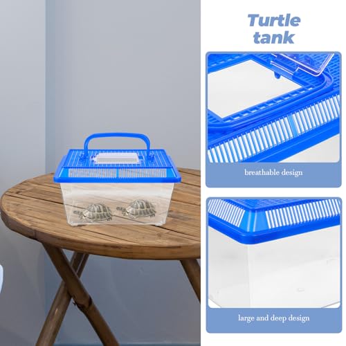 SEWACC Large Turtle Habitat Tank with Lid and Handle, Multi-Function Indoor Reptile Terrarium for Tortoise and Turtle Home Breeding, Blue Portable Pet Transport Box