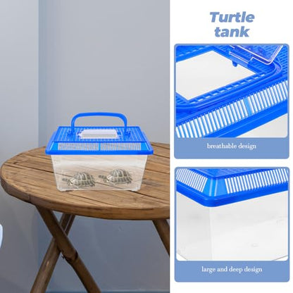 SEWACC Large Turtle Habitat Tank with Lid and Handle, Multi-Function Indoor Reptile Terrarium for Tortoise and Turtle Home Breeding, Blue Portable Pet Transport Box