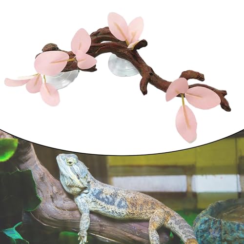 Reptile Terrarium Plant Decoration with Suction Cups, Pink Leaves Simulation Branch for Gecko and Bearded Dragon Habitats