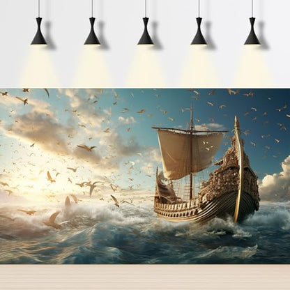 Sailing Ship Aquarium Background Splendid Surfy Ocean Flying Seagulls Fish Tank Background Majestic Golden Pirate Ship Terrarium Backgrounds Deep Seascape Blue Sky Reptile Tank Backgrounds 24x12in - color: Dark Blue, size: 24(W)x12(H)in