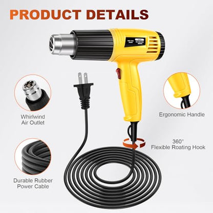 Heat Gun 1600W, Handed Hot Air Gun with 4 Nozzles for Crafting | Fast Heating 122℉-1202℉, 4.26FT Ultra-Long Cable Heat Gun for Crafts, Shrinking Wrapping PVC, Stripping Paint (Yellow)