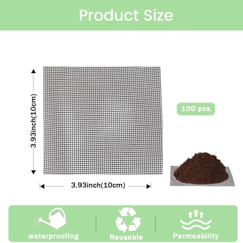 100 Pcs 4 Inch Large Size Flower Pot Hole Mesh Pad, Plant Pot Drainage Hole Screens, Bonsai Pots Bottom Grid Mat Mesh, Drainage Netting Potting Mat, Garden Drainage Mesh Prevent Soil Loss (Square)