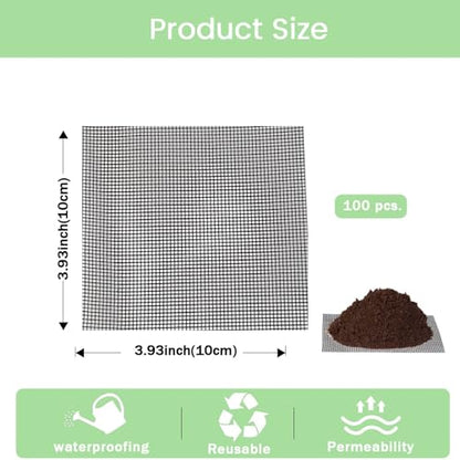 100 Pcs 4 Inch Large Size Flower Pot Hole Mesh Pad, Plant Pot Drainage Hole Screens, Bonsai Pots Bottom Grid Mat Mesh, Drainage Netting Potting Mat, Garden Drainage Mesh Prevent Soil Loss (Square)