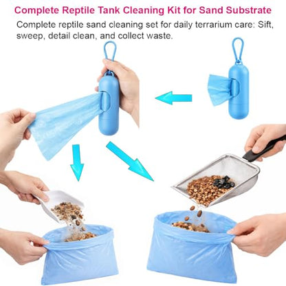 Reptile Sand Scoop Cleaning Kit for Bearded Dragon & Leopard Gecko Tank Accessories – Reptile Sand Sifter, Reptile Litter Scoop, Mini Brush & Dustpan, Hanging Waste Bag Dispenser