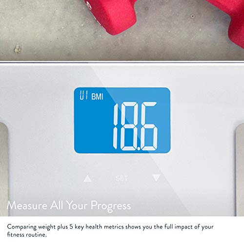Greater Goods Body Fat Scale, Accurate Digital Weight and Health Metrics, Body Composition, and Weight Measurements, Glass Top, with Large Backlit Display (Silver) - style: BMI, Silver