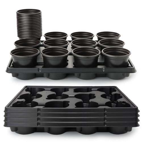 RooTrimmer 4 Inch Plastic Plant Pots 60 Pcs and 12 Cell Nursery Pots Trays 5 Pcs, Thick Sturdy Seeds Starting Germination Shuttle Carrying Trays, Black Small Planter Nursery Propagation 5 Sets - color: Black + Black, size: 4 Inch 60 Pack Pots With 5 Pack