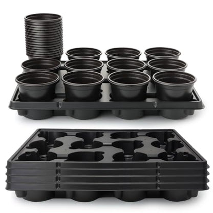 RooTrimmer 4 Inch Plastic Plant Pots 60 Pcs and 12 Cell Nursery Pots Trays 5 Pcs, Thick Sturdy Seeds Starting Germination Shuttle Carrying Trays, Black Small Planter Nursery Propagation 5 Sets - color: Black + Black, size: 4 Inch 60 Pack Pots With 5 Pack