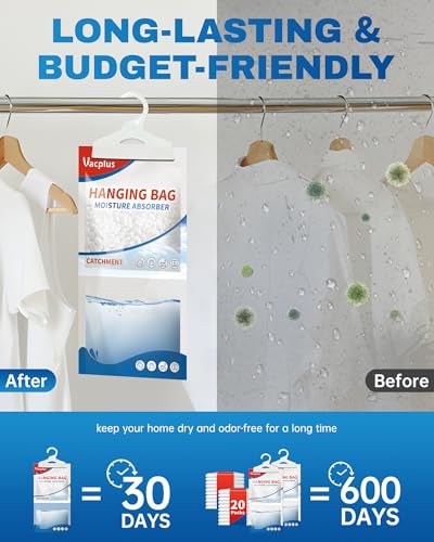Vacplus Moisture Absorber, 20Pack Hanging, Strong Absorption, Unscented | Closet, Enclosed Spaces, Bathroom, Odor Eliminator, Dehumidifier Bags, 9.8 OZ - size: 20 pack